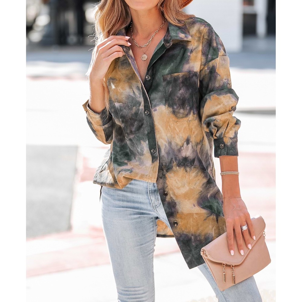 CUPSHE Abstract Tie Dye Corduroy Oversized Button Down Shirt Women's Sz.S